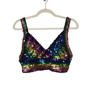 Vintage 80s 90s Full Sequence Bralette Tank Top Crop Shirt Groovy Top Style USA